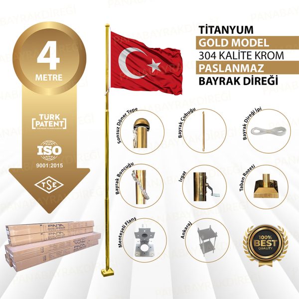 4 Metre Paslanmaz Titanyum Gold Bayrak Direği
