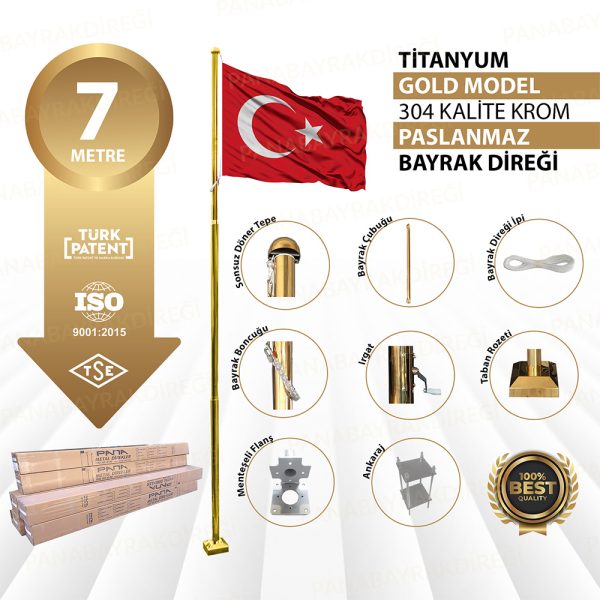 7 Metre Paslanmaz Titanyum Gold Bayrak Direği